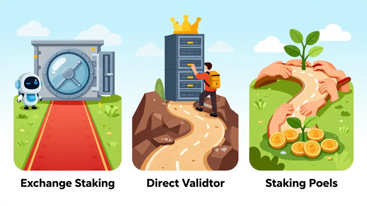 Three illustrated paths representing exchange, direct, and pool staking