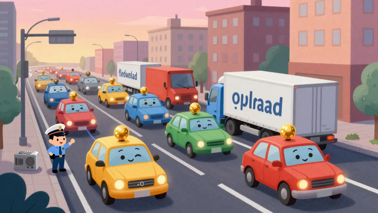 Traffic cop directing smiling data packets on a busy city street