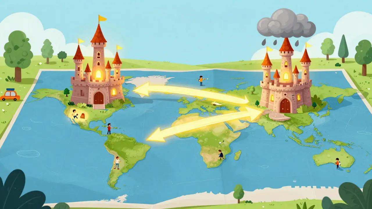 Two active castles on different continents, illustrating geo-redundancy