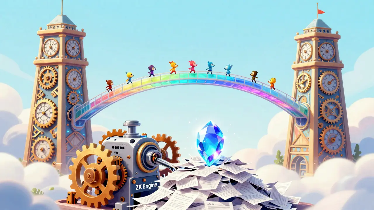 Two blockchain towers connected by a rainbow bridge with a ZK engine compressing data.