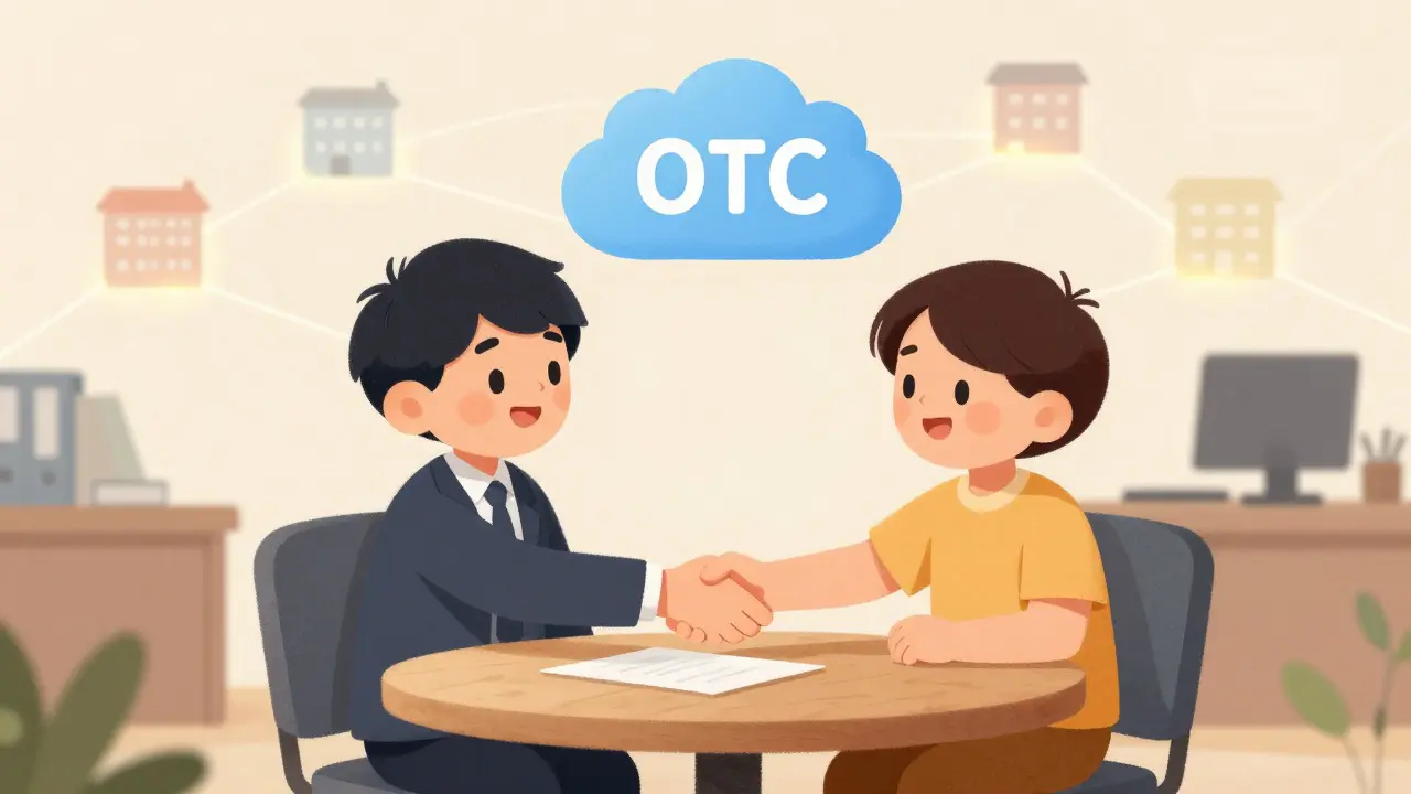Two characters shaking hands in a quiet office over a private trade agreement
