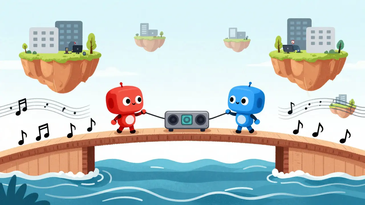 Two robots connected via a bridge of sound waves, depicting media relays