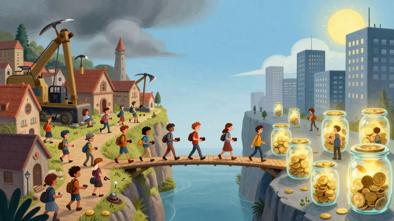 Users crossing bridge from mining town to staking city seamlessly