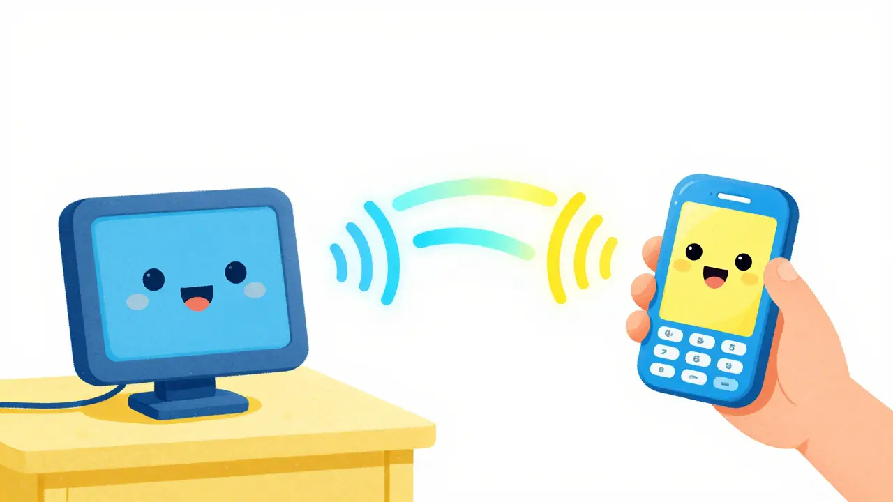 Whimsical illustration of audio signal transferring between devices