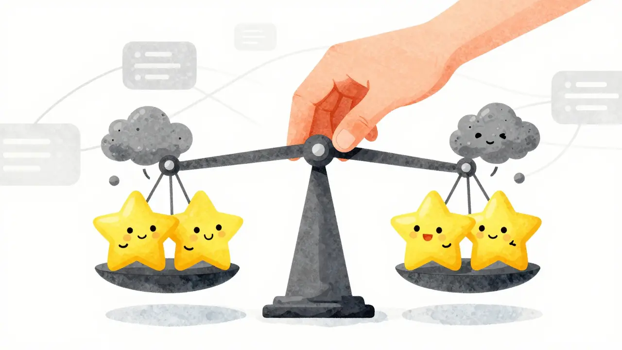 Whimsical scale balancing star characters against storm clouds