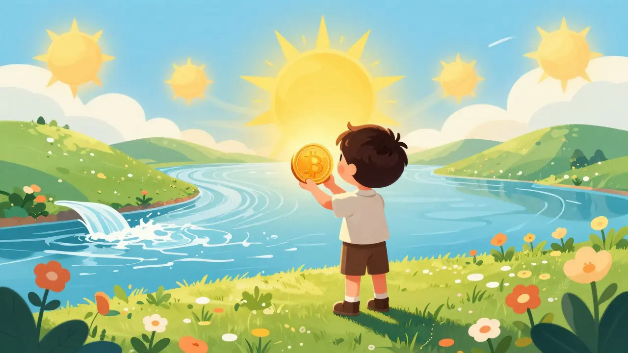 Young investor celebrating on a hilltop with a glowing coin