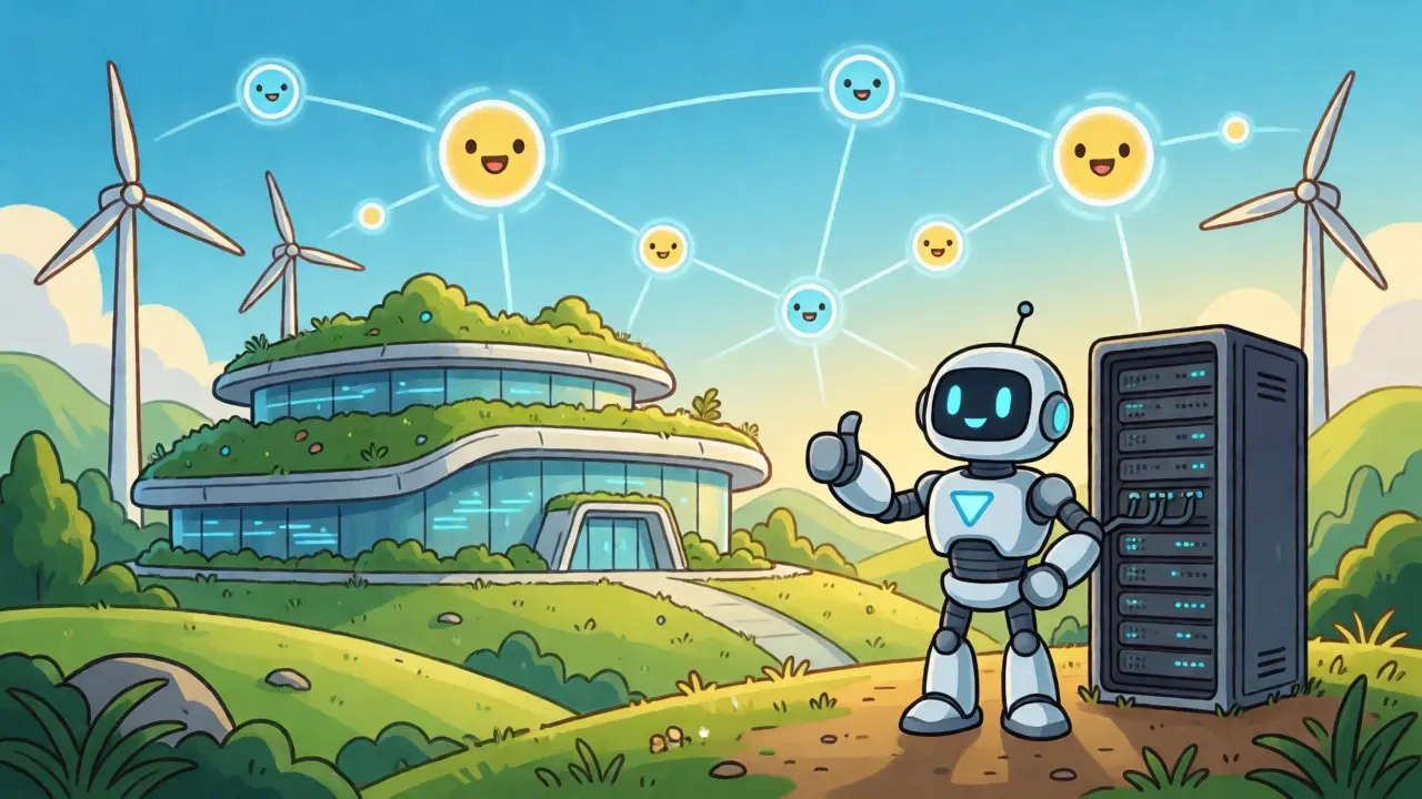 A confident robot validator standing beside a sustainable, eco-friendly data center.