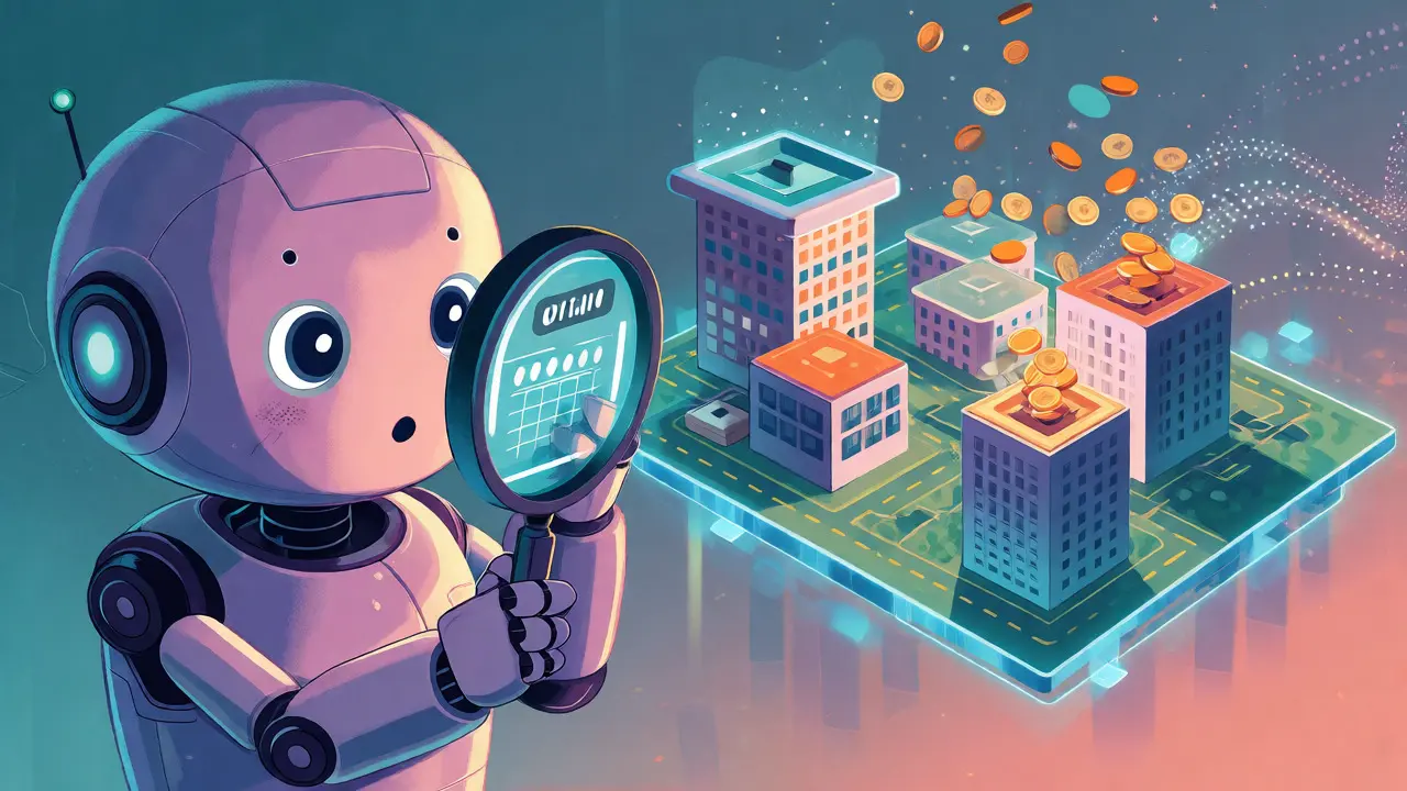 A friendly robot inspecting a holographic city map with floating token streams.