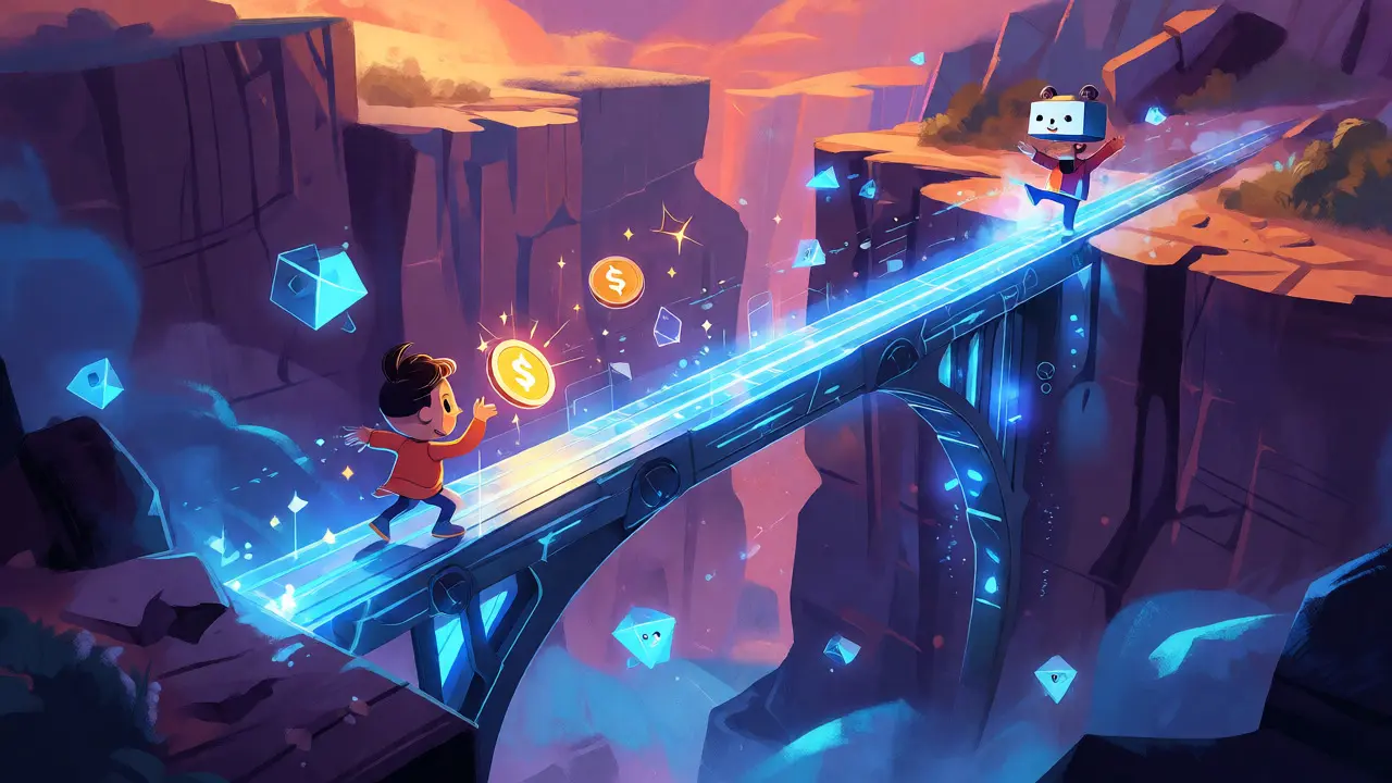 A glowing digital bridge allows instant transfer of a coin between two characters.