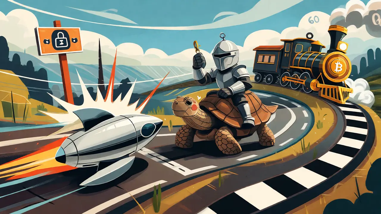 A race between a fast rocket, a steady knight, and a slow train representing blockchain speeds.