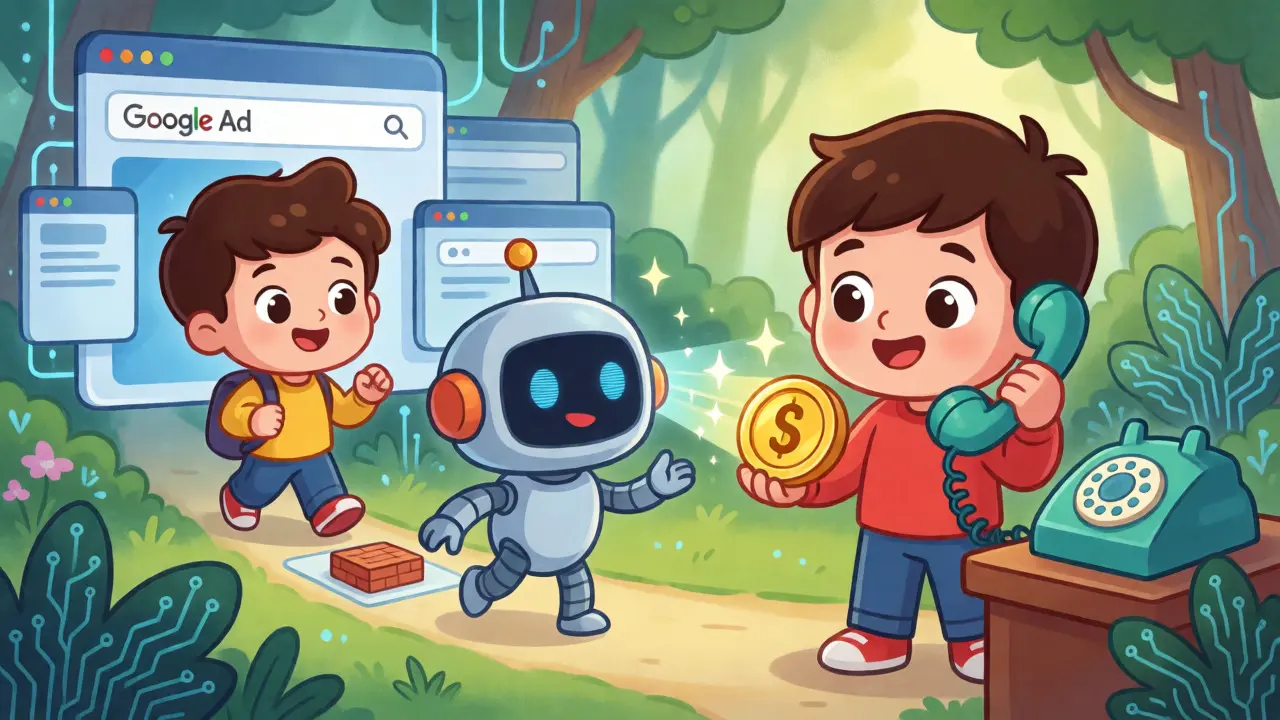 Animated robot swapping phone numbers for a visitor in a digital forest