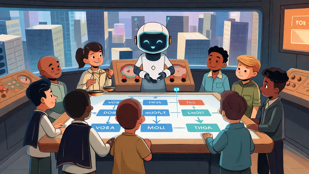 Avatars collaborating around a holographic governance dashboard with a robot.