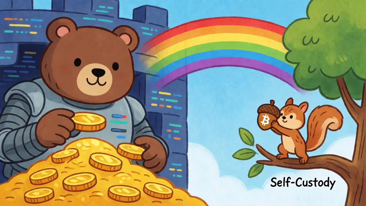 Cartoon bear guarding gold vs. squirrel holding acorn, showing institutional vs retail crypto.