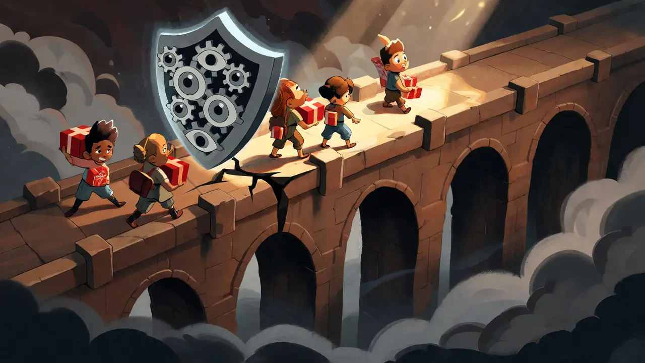 Cartoon travelers crossing a fragile bridge under a protective shield, representing security risks.