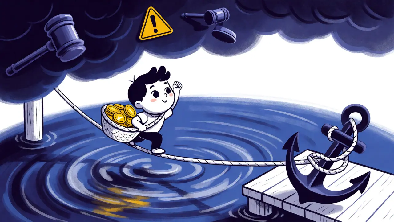 Character balancing coins on a tightrope near a safe dock