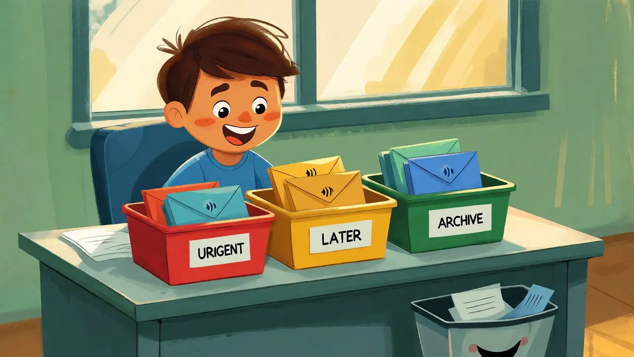 Character efficiently sorting voicemail messages into urgent, later, and archive categories.