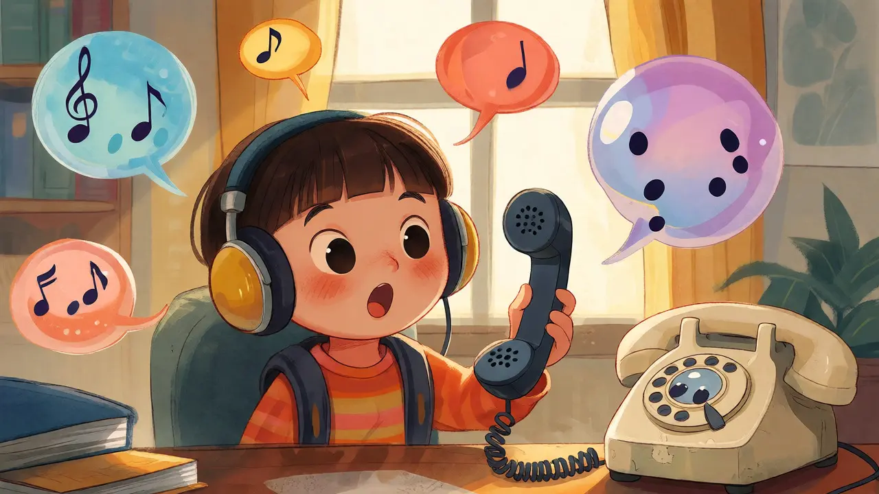 Child using a VoIP phone with happy visual effects, ignoring an old landline