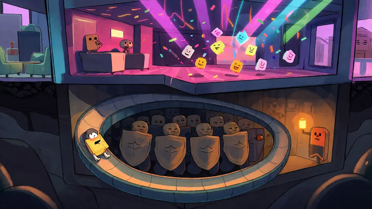 Cross-section of a building showing fast parties upstairs and slow settling in the basement vault.