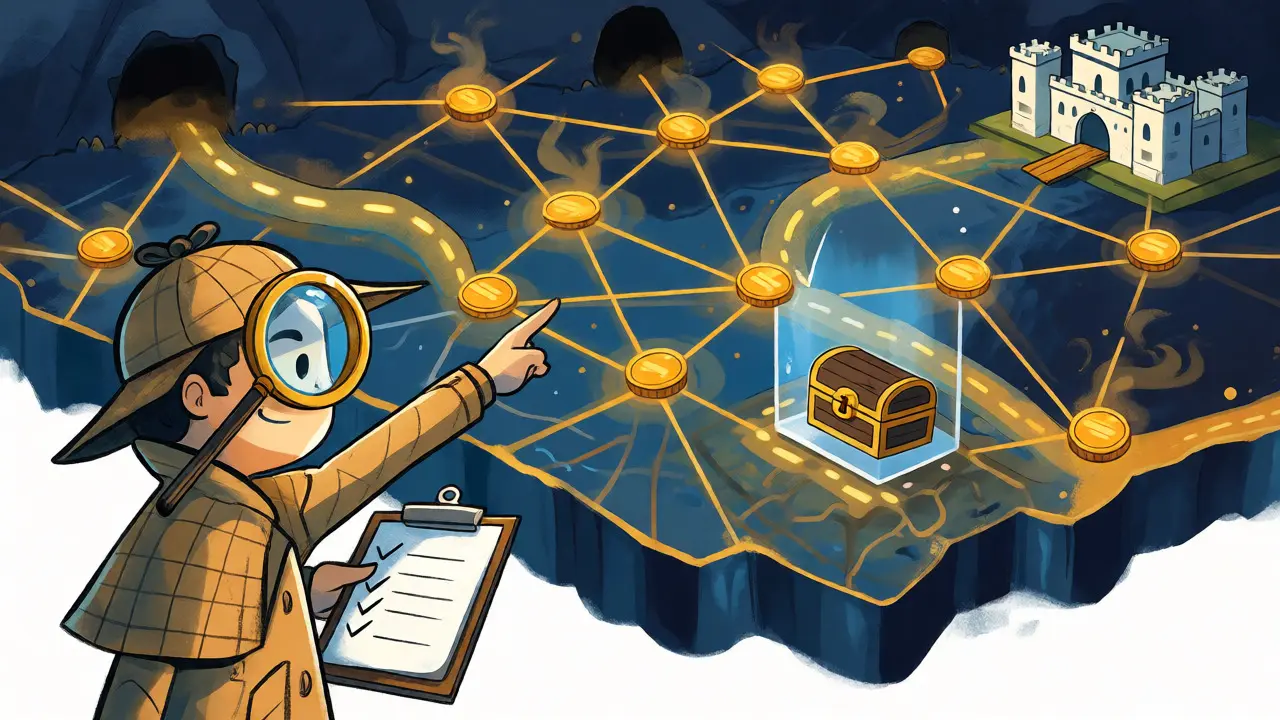 Detective tracing stolen crypto funds on a digital map