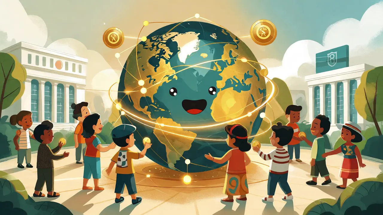 Diverse characters exchanging digital tokens around a connected, glowing globe.