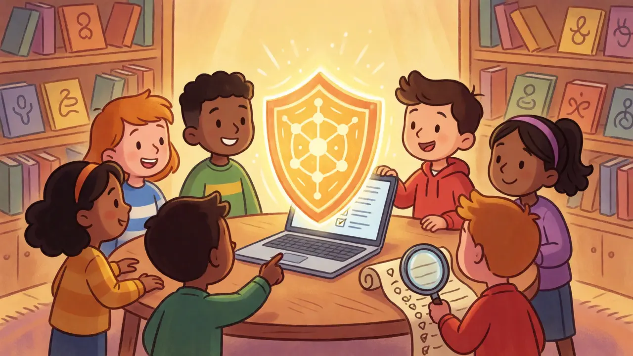 Diverse group examining a glowing digital shield over a laptop, representing crypto insurance choices.