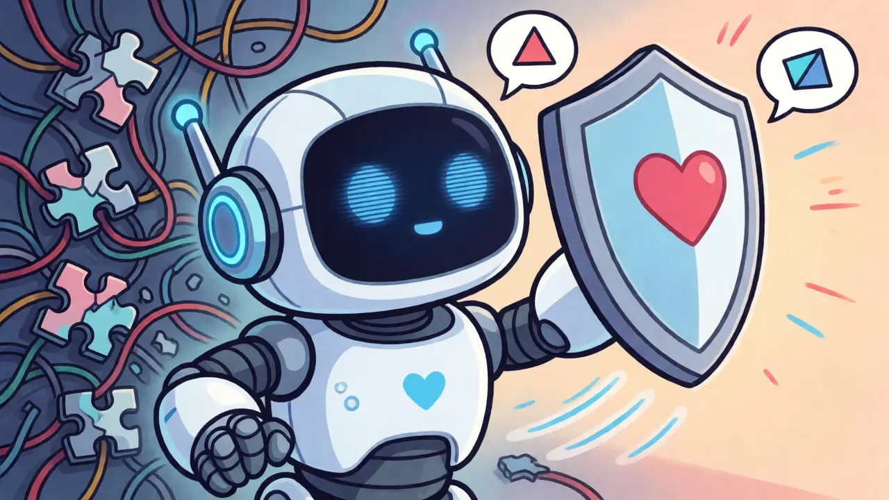 Friendly AI robot shielding customers from technical chaos in a cartoon style.