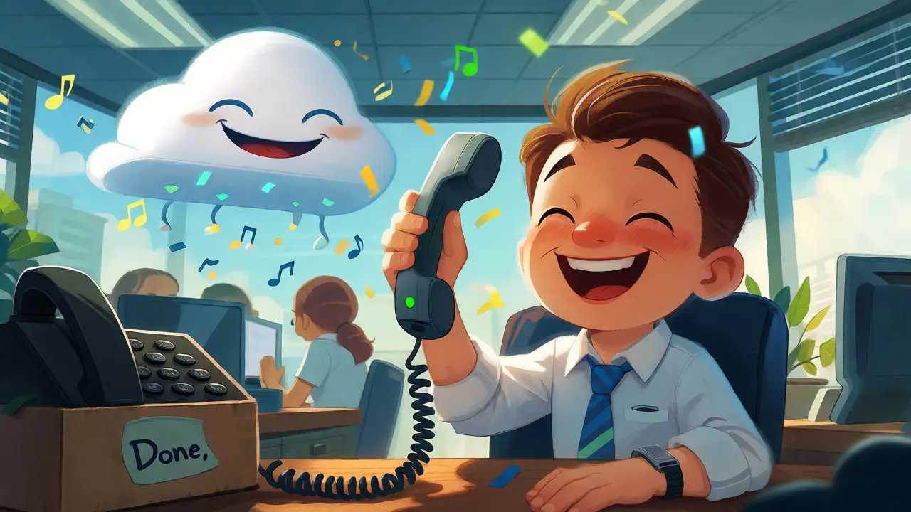 Happy business owner with active modern phone system after migration.