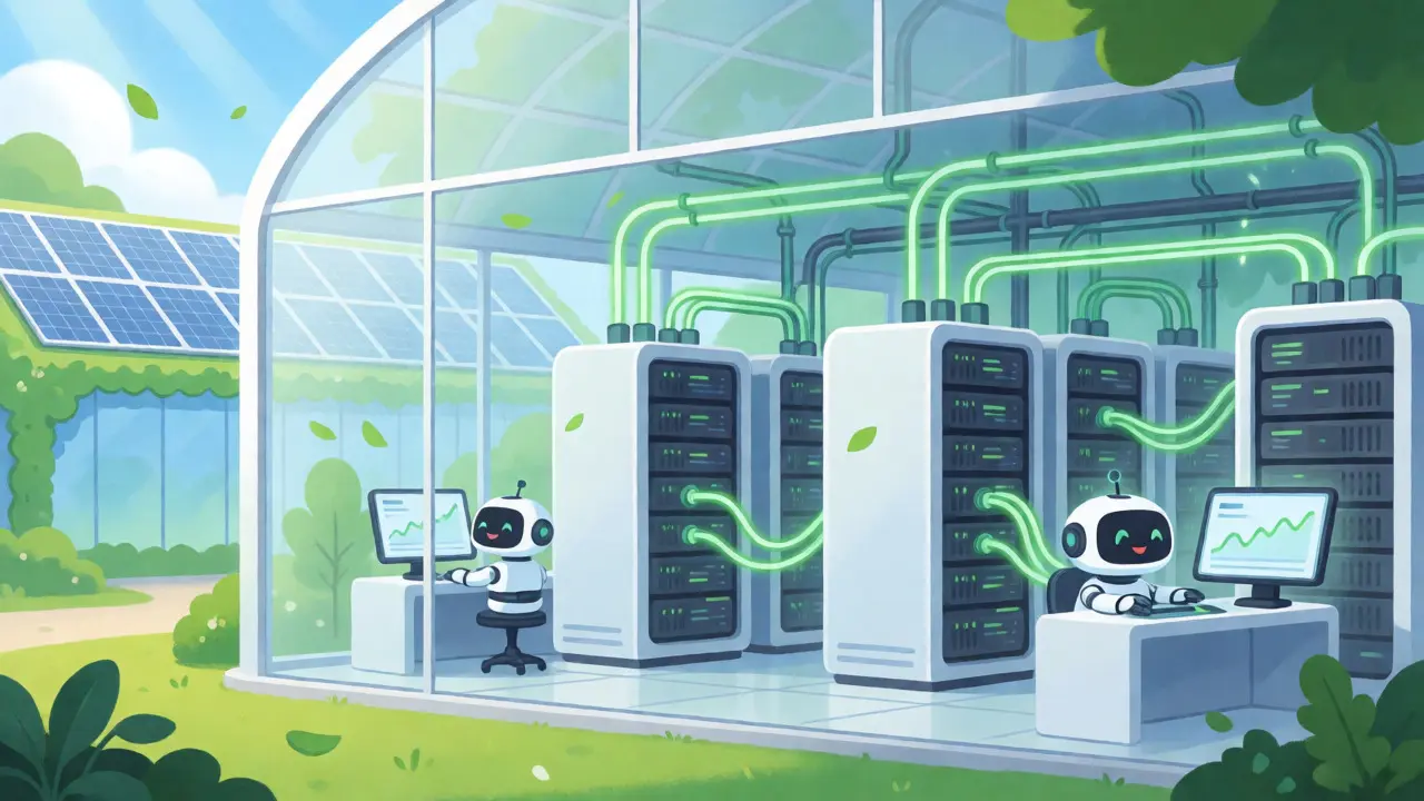 Happy robots working in a bright, green-energy powered data center.