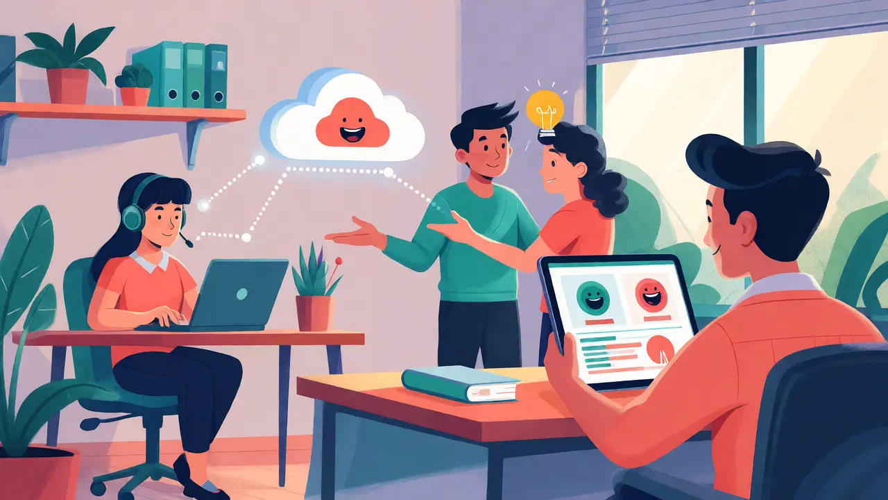 Hybrid team working efficiently with VoIP, showing success and connectivity.