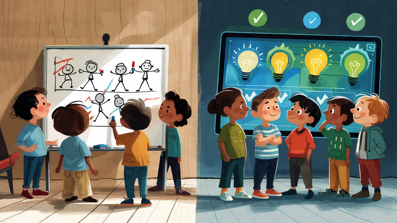Illustration comparing a physical whiteboard team with a digital screen team