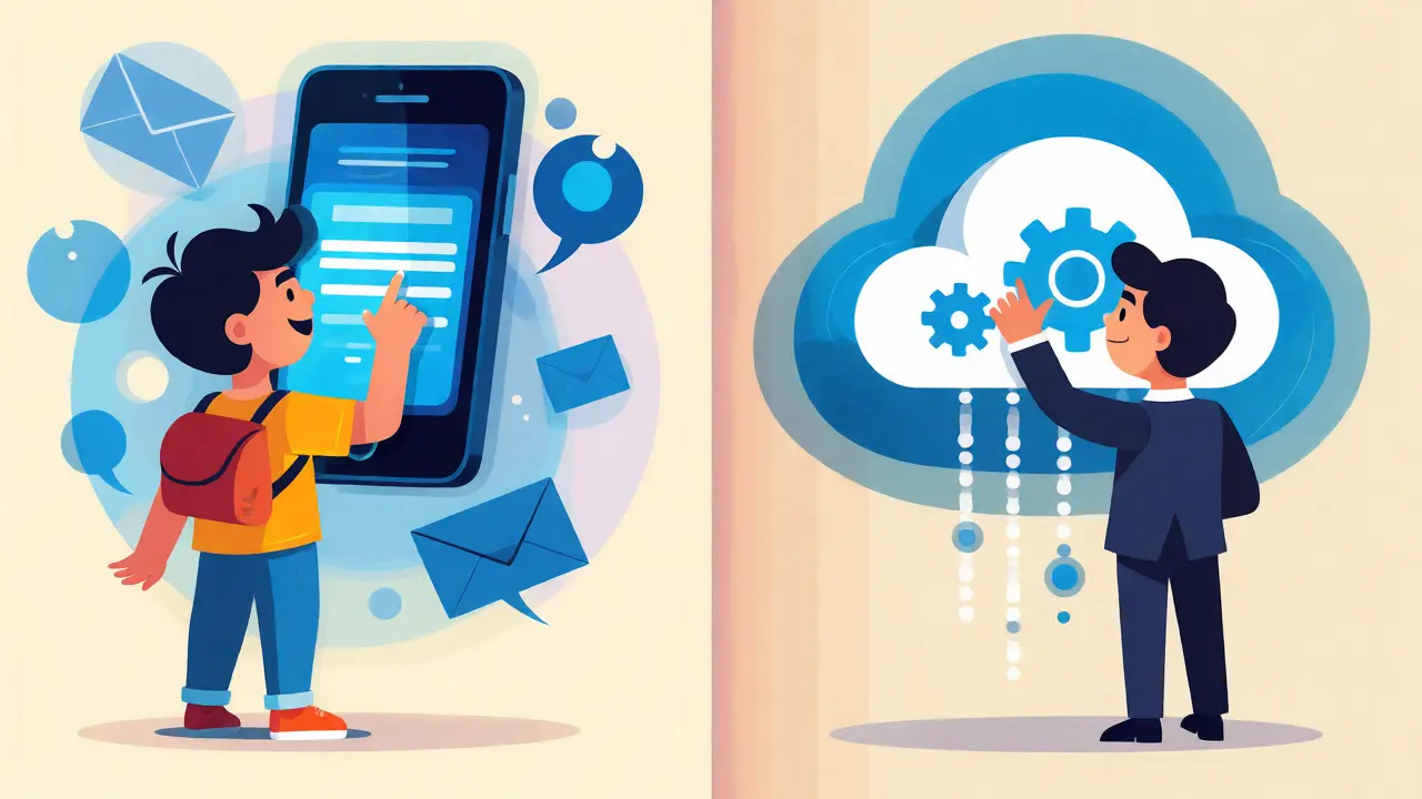 Illustration comparing mobile voicemail setup with cloud-based VoIP system configuration.