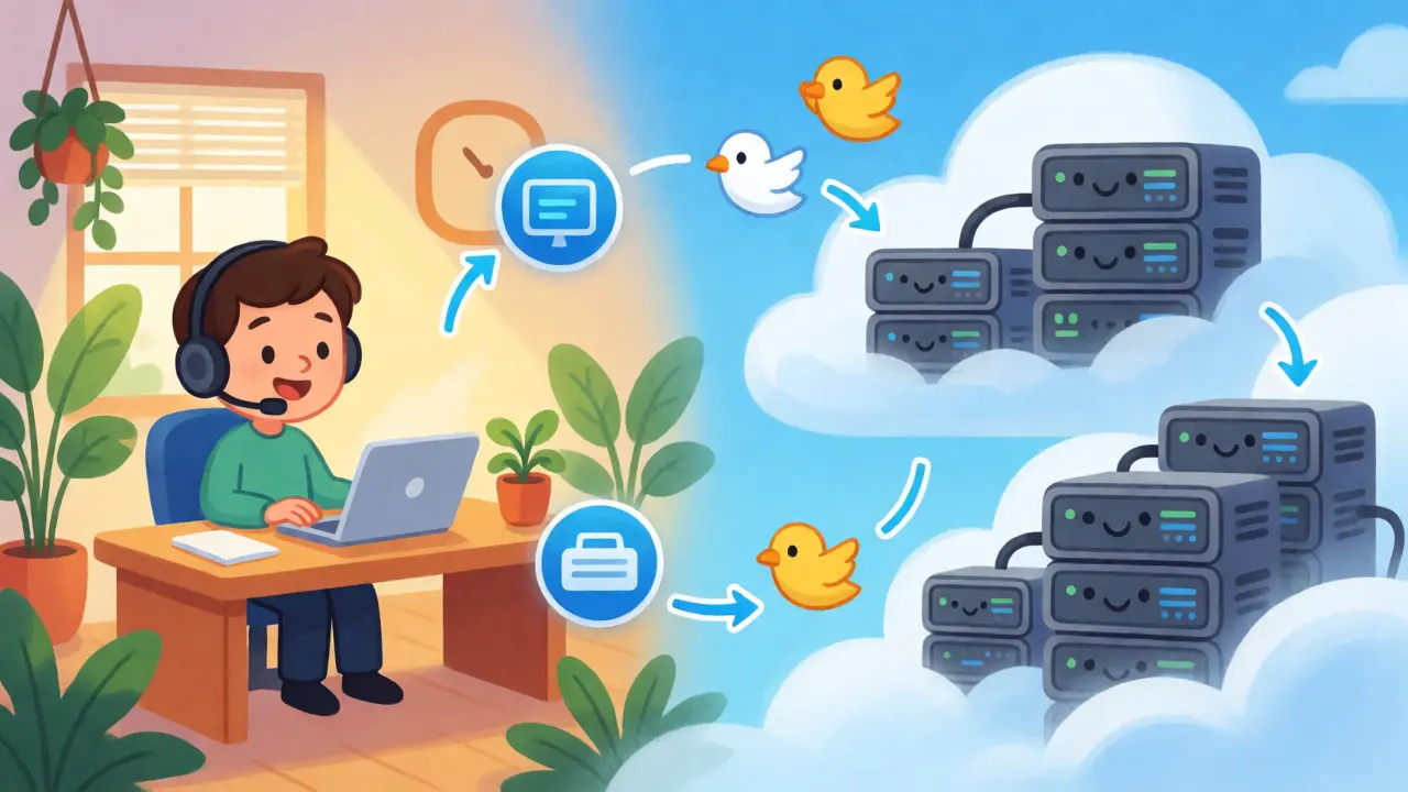 Illustration of a remote agent working from home connected to cloud servers.