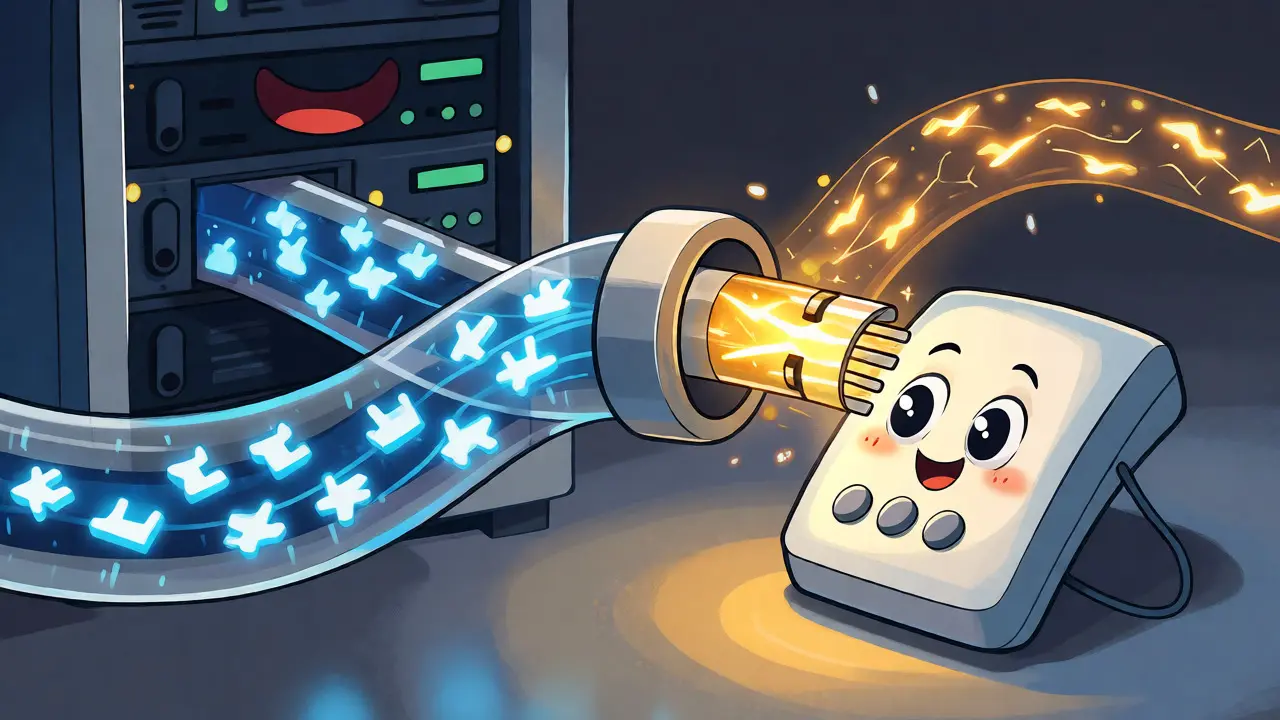 Illustration of data and power flowing through an Ethernet cable to a phone.