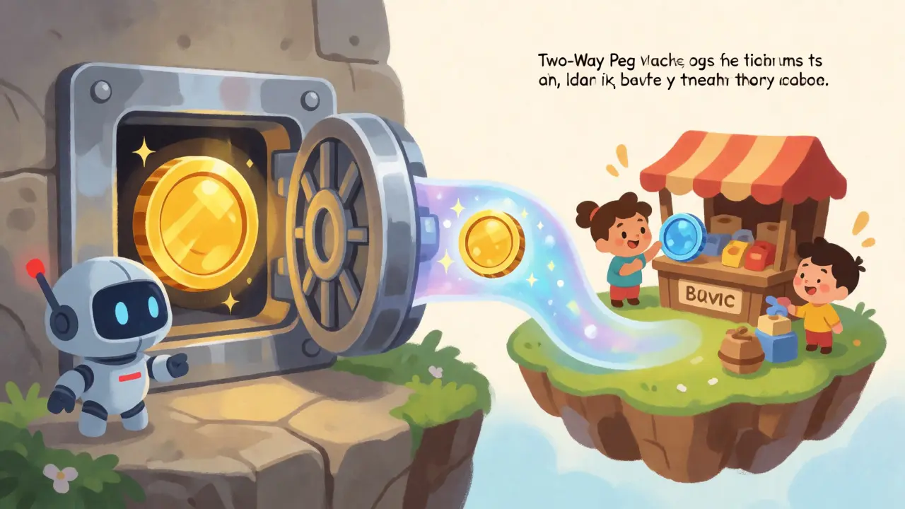 Illustration of locking coins in a vault and minting tokens on a parallel chain