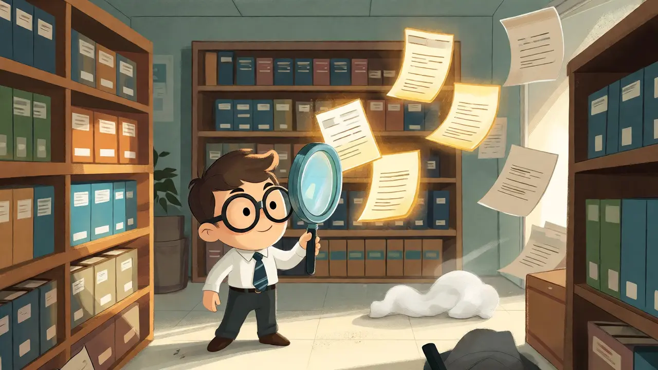 IT admin auditing files in a tidy, magical library setting