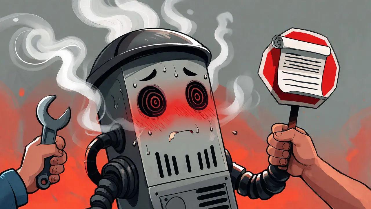Overheated cartoon Bitcoin miner with spiral eyes and steam rising from vents