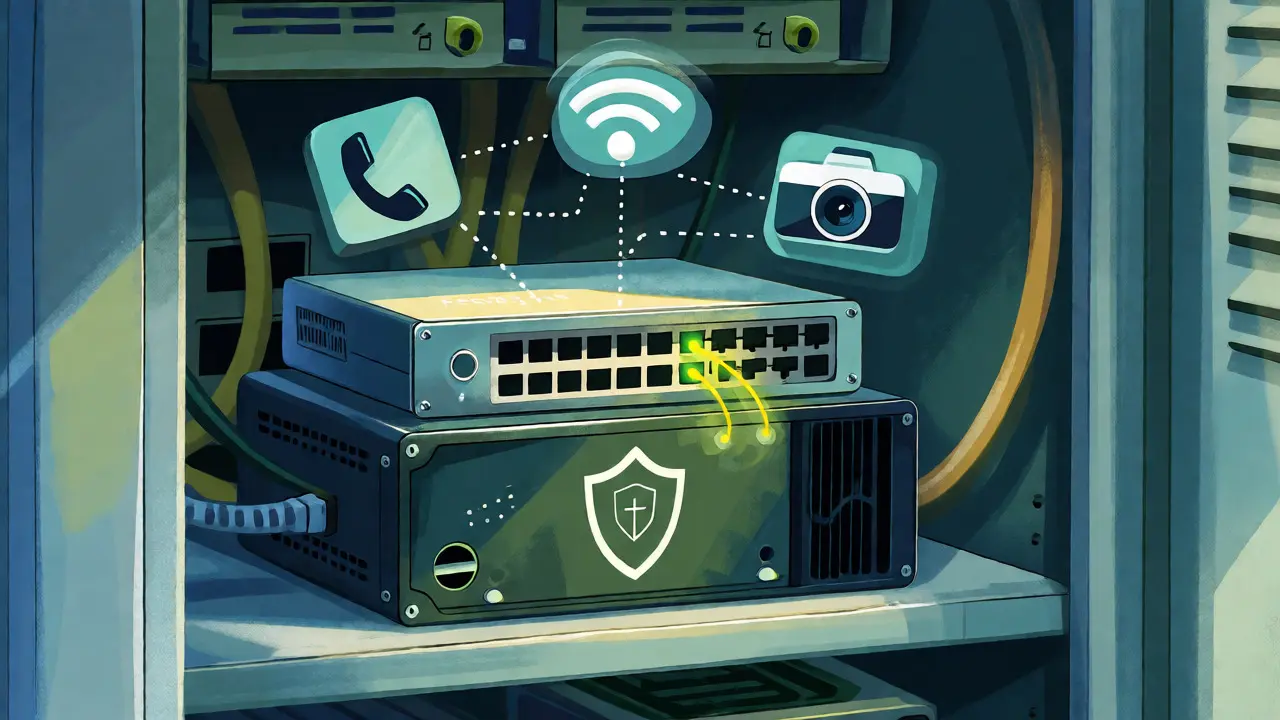 PoE switch on a UPS in a neat comms room protecting connected devices.