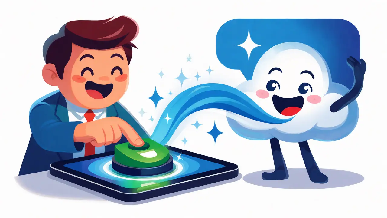 Salesperson clicking a button sending light to a cloud phone system