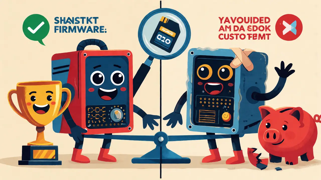Split illustration comparing safe stock firmware versus risky custom modifications