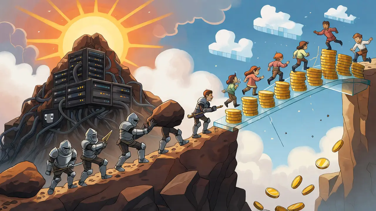 Split scene showing miners pushing boulders on a mountain versus validators walking on a coin bridge.