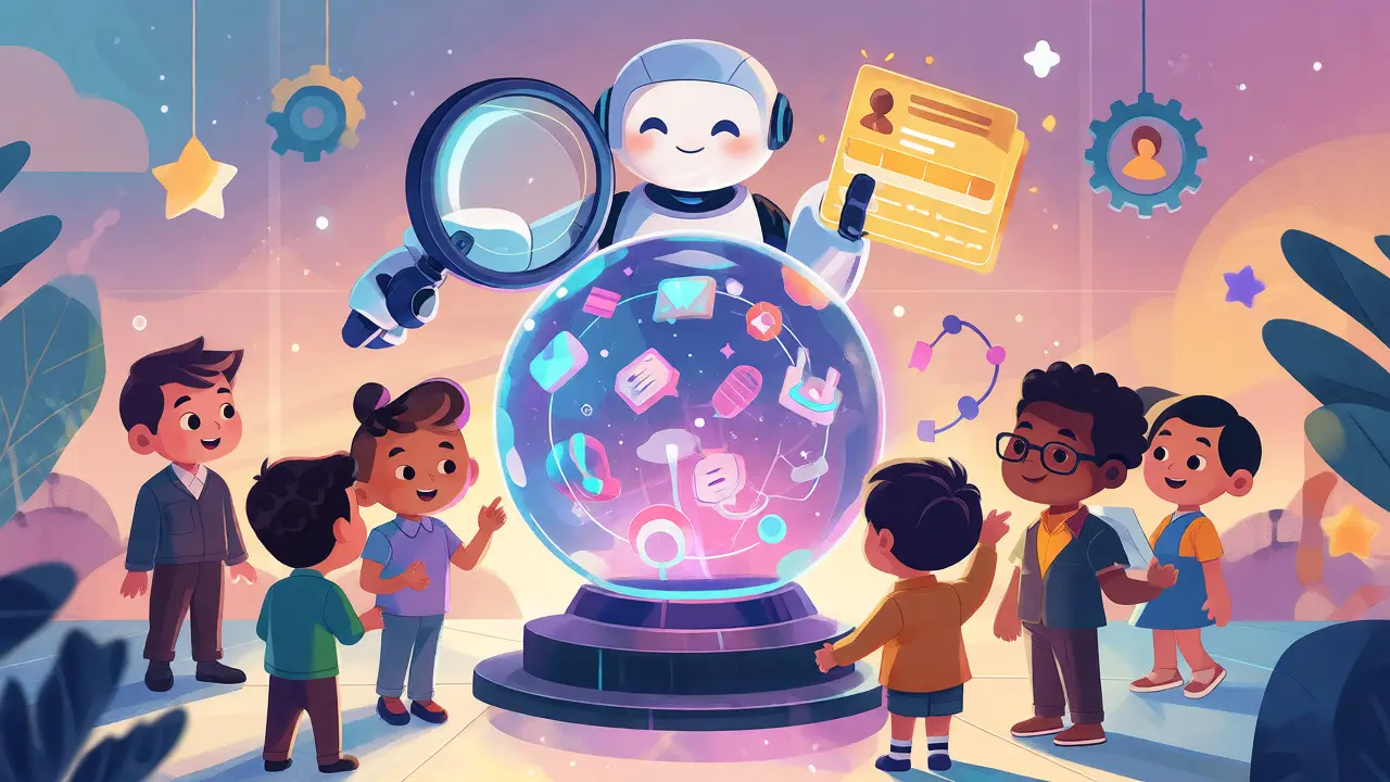 Team gathered around a glowing crystal ball with AI robot helper