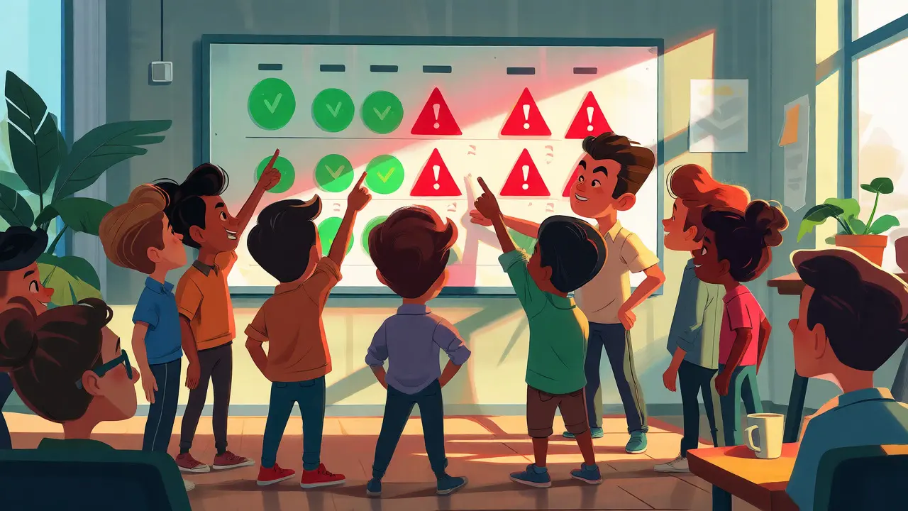 Team huddle gathered around a color-coded wallboard in a bright office
