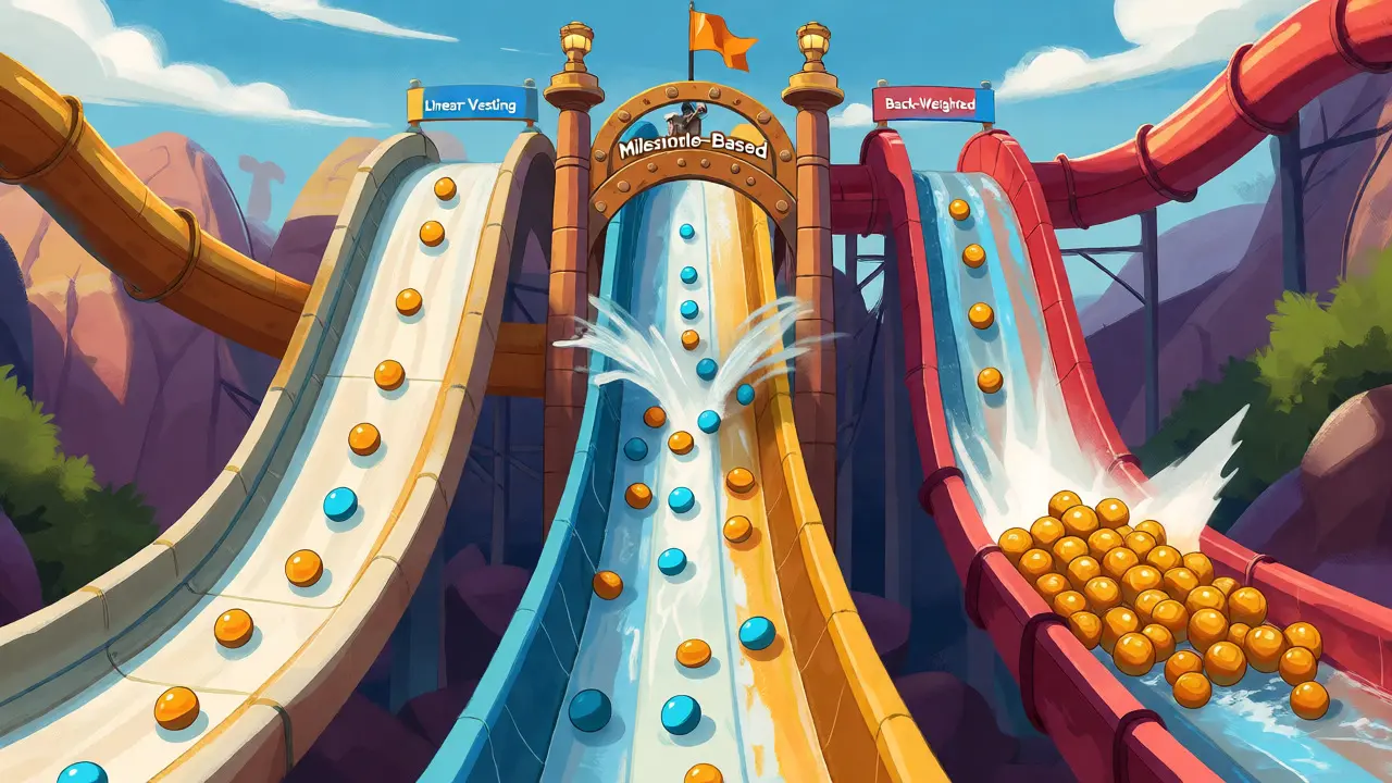 Three colorful water slides showing different ways tokens flow down into the market.