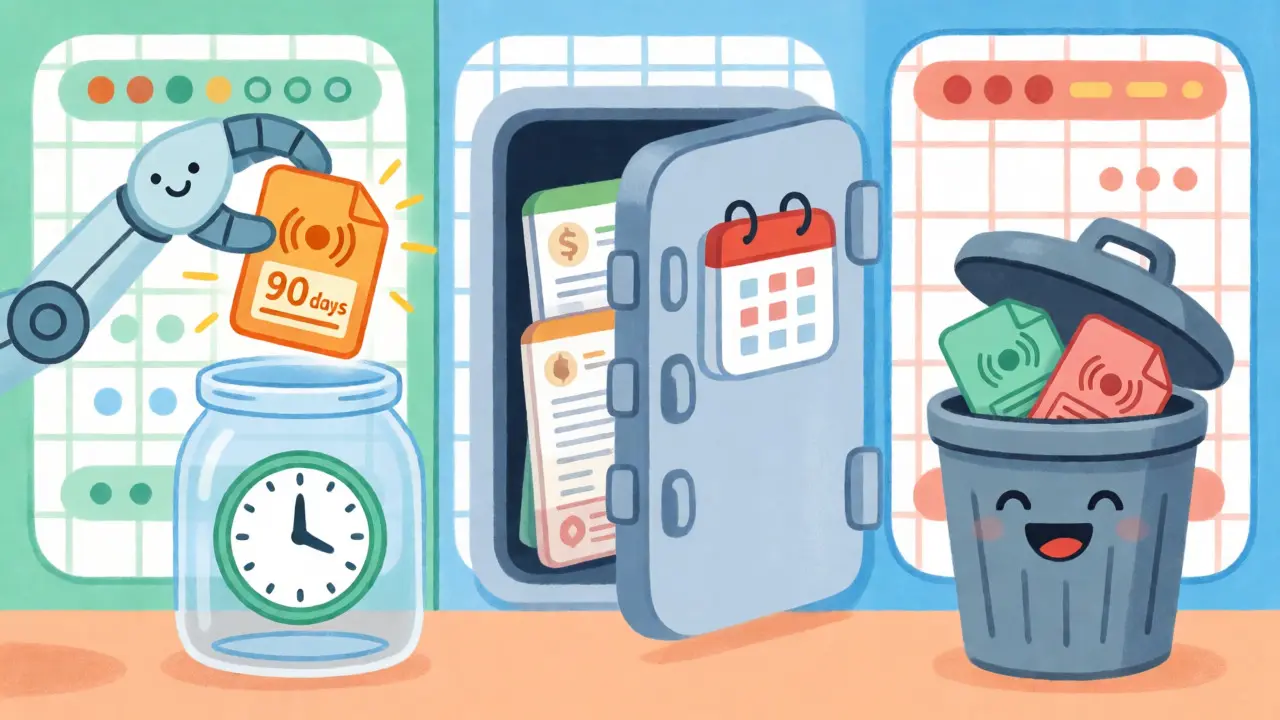 Whimsical depiction of data sorting: short-term jars, long-term vaults, and happy trash cans.