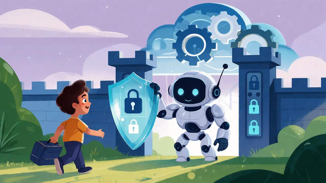 Whimsical robot guard checking security at a digital gateway