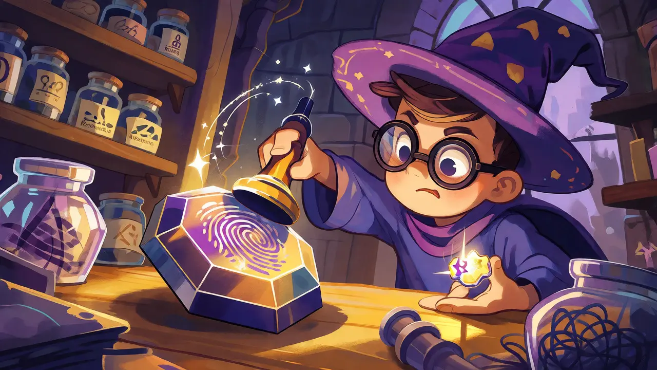 Wizard signs a transaction hash with a private key in a magical digital workshop.