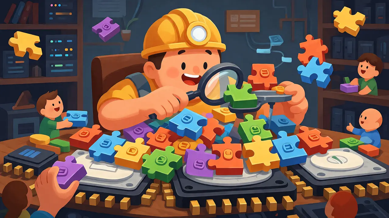A miner character sorts and weighs colorful transaction blocks at a desk.