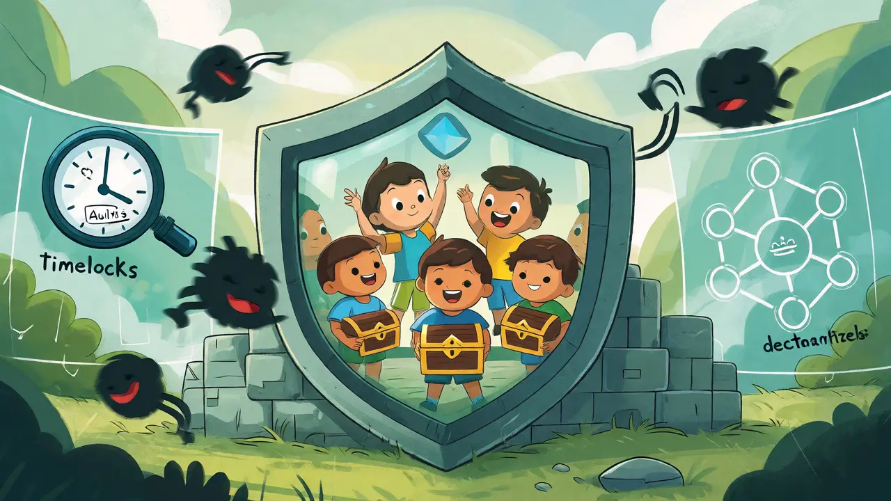 A shielded fortress protecting users from shadowy attacks with security icons.