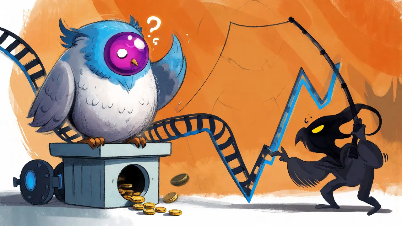 A sneaky figure manipulating a price graph while confusing an oracle creature.