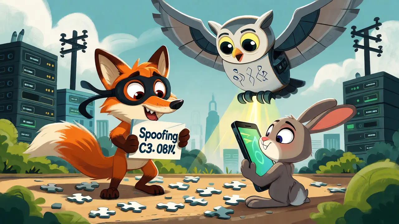 Cartoon animals illustrating spoofing threats and STIR/SHAKEN digital verification.